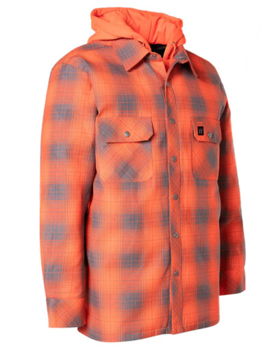ForceField Hi Vis Orange Shadow Plaid Hooded Quilt-Lined Flannel Shirt Jacket