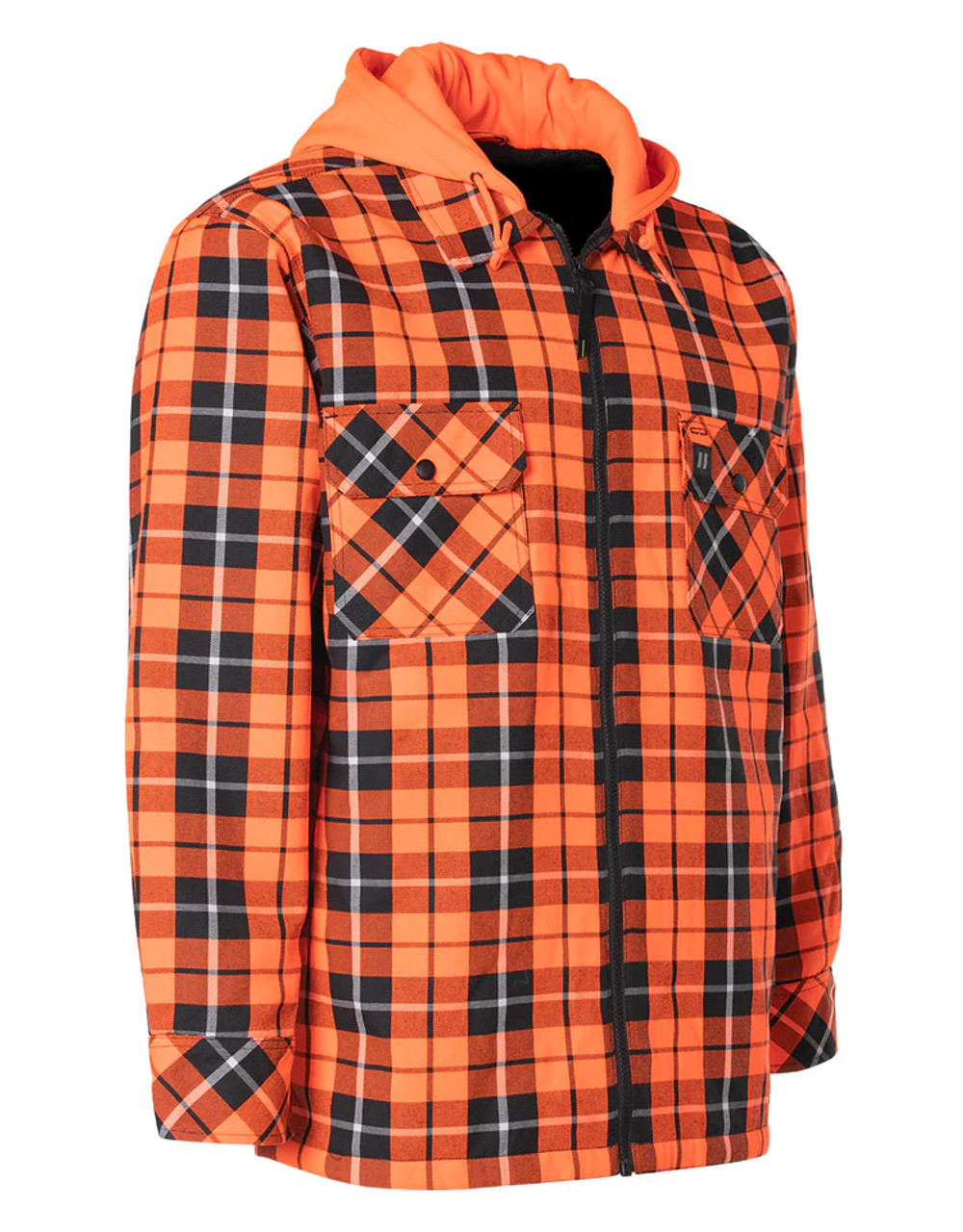 ForceField Hi Vis Orange Tartan Plaid Hooded Sherpa-Lined Flannel Shirt Jacket with Front Zip ForceField Hi Vis Orange Tartan Plaid Hooded Sherpa-Lined Flannel Shirt Jacket with Front Zip